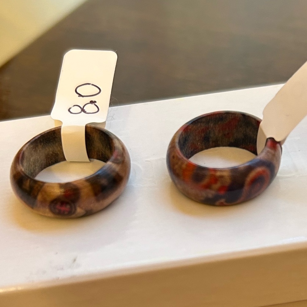 Bundle of Two Size 8 Colorful Patterned Wooden Rings NWT Men and Women